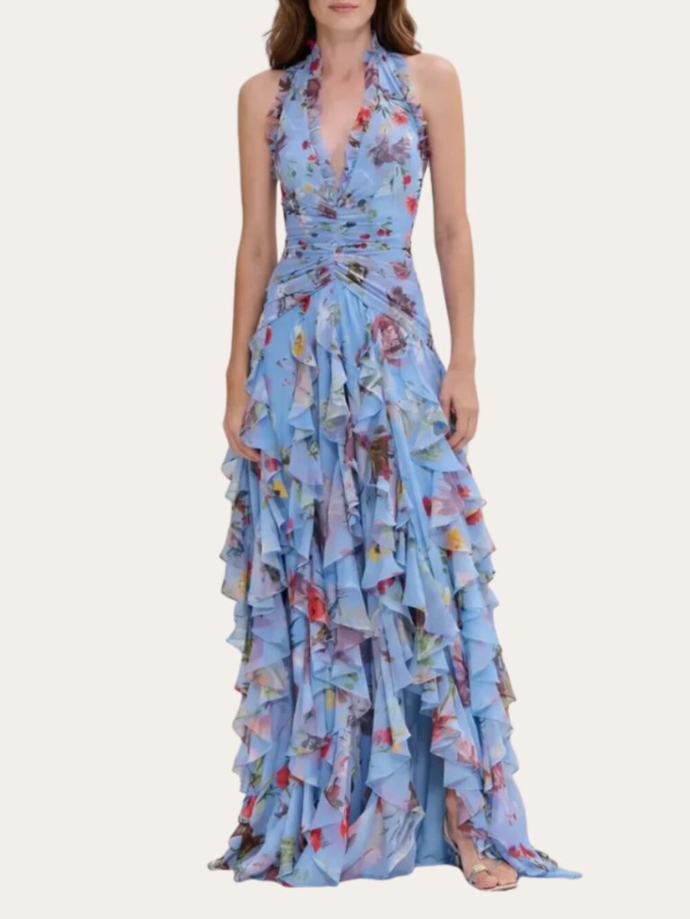 Miss Rosier Blue Floral Halter Ruffle Chiffon Waterfall Maxi Dress NWT Size S